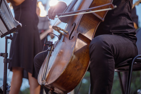 Male musician playing cello in orchestra on the streetの写真素材