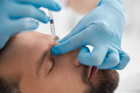 Beautician does injection of lifting filler in nasal bridge of mature man in clinic closeupの写真素材