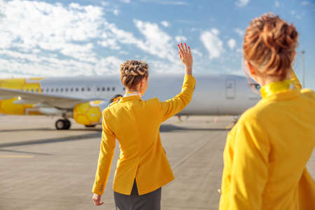 Flight attendants greeting passenger airplane at airfieldの写真素材