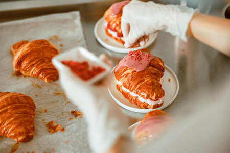 Lady scatters pink sprinklings onto delicious croissants on metal tableの写真素材