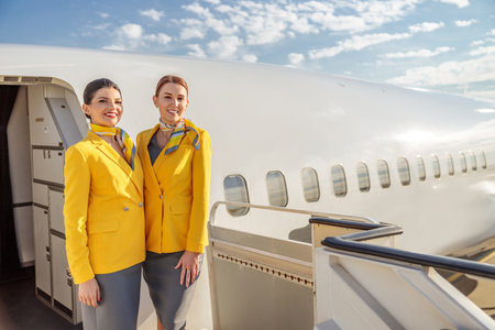 Cheerful flight attendants standing near airplane door