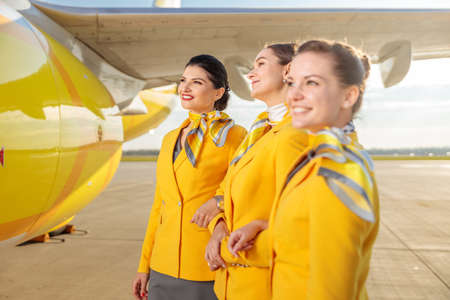 Cheerful flight attendants standing near aircraft at airportの写真素材