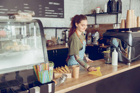 Female barista cleaning counter in cafe or coffee shopの写真素材