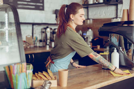 Young woman barista cleaning counter in cafeの写真素材