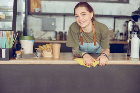 Cheerful female barista standing behind counter in cafeの写真素材