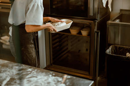 Baker puts ceramic dish with raw bread into oven in modern workshopの写真素材