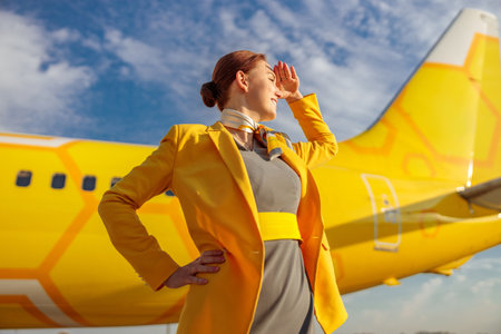 Woman stewardess standing near airplane at airportの写真素材