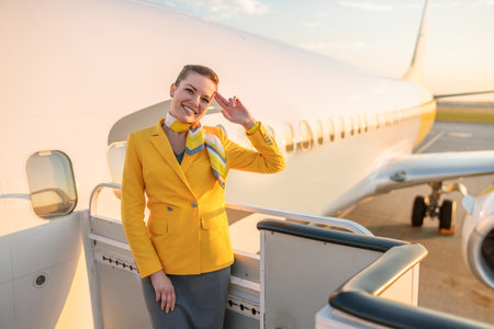 Cheerful woman stewardess standing near aircraft at airportの写真素材