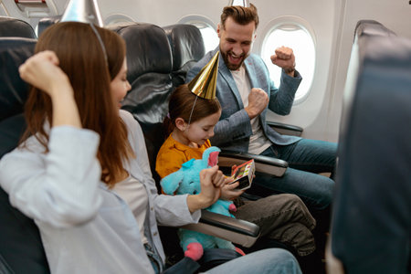 Happy parents celebrating daughter birthday in airplaneの写真素材