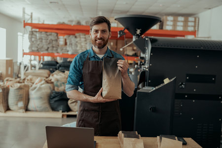 Business owner holding roasted coffee beans in paper bag in coffee factoryの写真素材