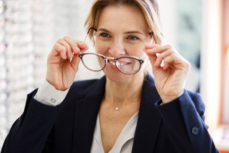 Woman client takes off the glasses that did not fit her in ophthalmic storeの写真素材