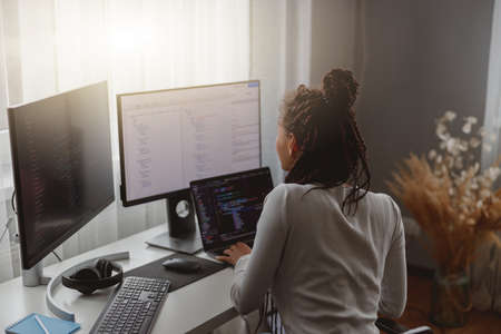 Rear of young woman looking at computer screen while working programming on laptopの写真素材