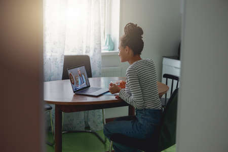 Back view of young mixed-race woman freelancer having video chat online from home