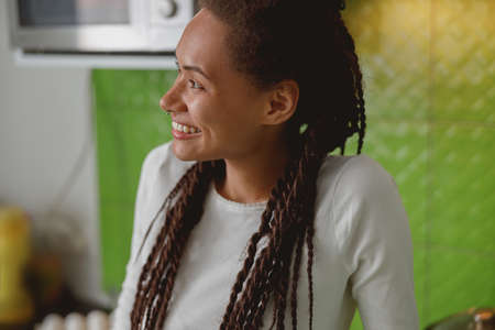 Young pretty smiled mixed-race female with braids looking away at home, indoors concept