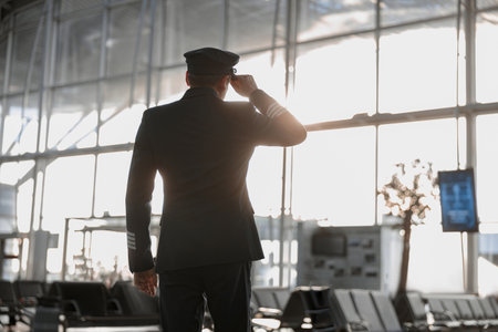 Male pilot touching the cap and standing in airport terminal