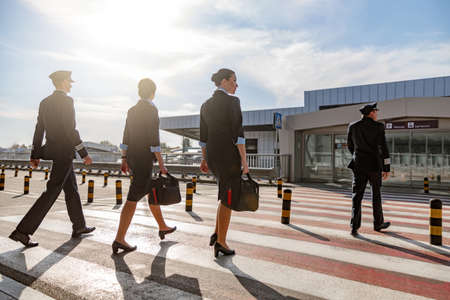 Flight attendants with bags and pilots crossing the road in the airportの写真素材