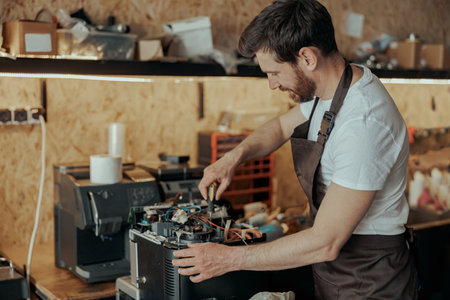 Smiling young man repairing coffee machine in a workshopの写真素材