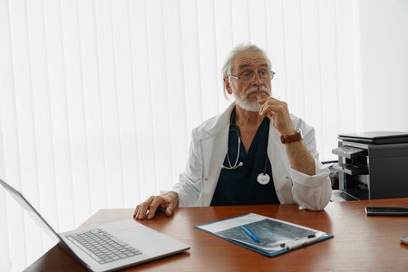 Senior healthcare worker doing some paperwork and using laptop while working at doctors officeの写真素材
