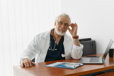 Senior healthcare worker doing some paperwork and using laptop while working at doctors officeの写真素材