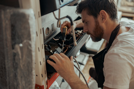 Handsome worker in uniform repairing coffee machine in a workshopの写真素材