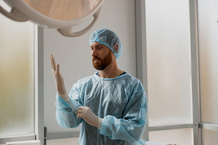 Surgeon in a mask and gown is putting surgical gloves before the surgery in operating roomの写真素材