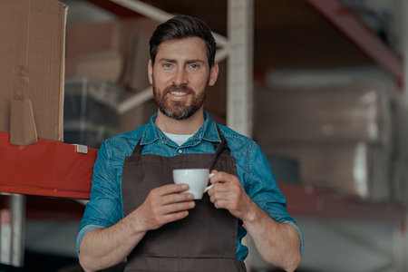 Male worker in uniform with cup of coffee on background of warehouse of small factoryの写真素材