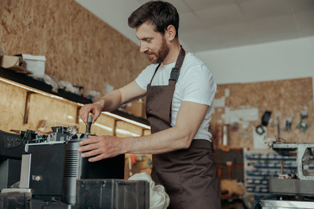 Handsome young man repairing coffee machine in a workshopの写真素材