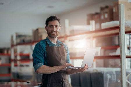Male worker working laptop on background of warehouseの写真素材