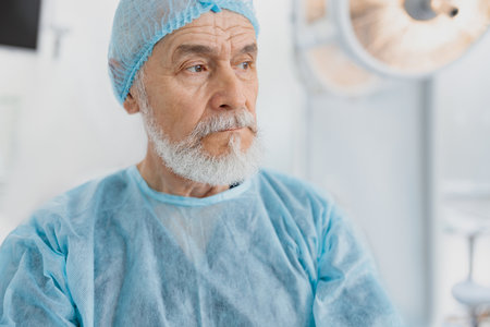 Senior surgeon in uniform standing in operating room, ready to work on patient and looking awayの写真素材