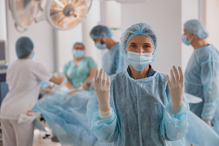 Portrait of female surgeon in mask and gloves standing in operating room, ready to work on patientの写真素材