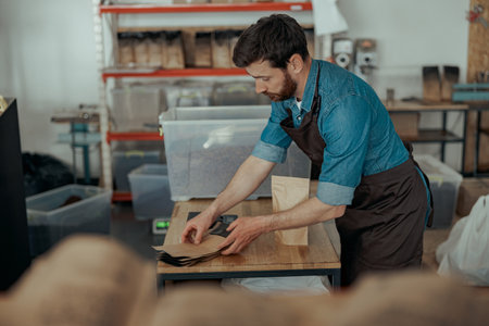 Business owner weighs paper bag for coffee beans on a scale at a coffee factoryの写真素材