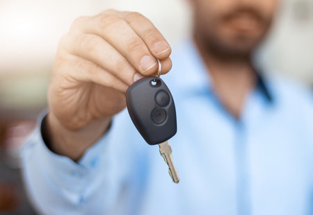 Close up of male hand holding car key. Auto purchase and rental conceptの写真素材