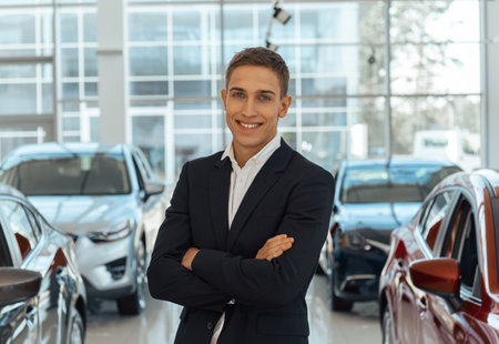 Young smiling male consultant in auto show standing near cars and looking at cameraの写真素材