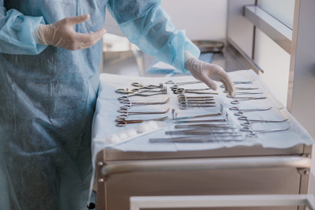 Nurse hand taking surgical instruments from table for a surgery during operationの写真素材