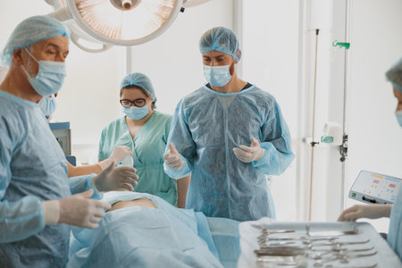 Professional surgical team working with a patient in an operation room of modern clinicの写真素材