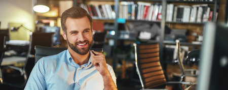 I love my work. Young bearded businessman in formal wear thinking about something and smiling while sitting in modern officeの写真素材