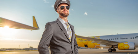 Male aircraft pilot standing outdoors at airportの写真素材