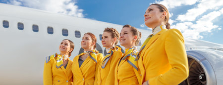Joyful stewardesses standing near aircraft at airport