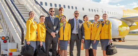 Cheerful aircrew standing near airplane at airportの写真素材