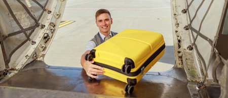 Male airline worker putting travel suitcase in aircraftの写真素材