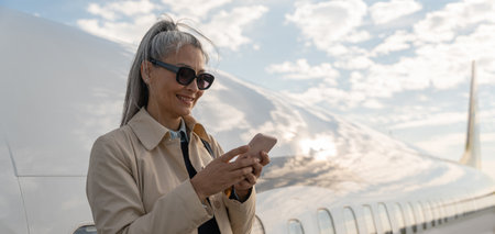 Cheerful woman passenger using phone standing outdoors at airport near planeの写真素材