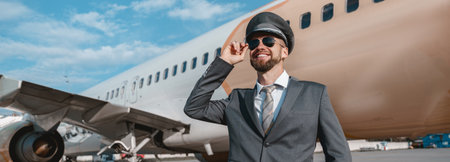 Cheerful aircraft pilot standing outdoors at airportの写真素材