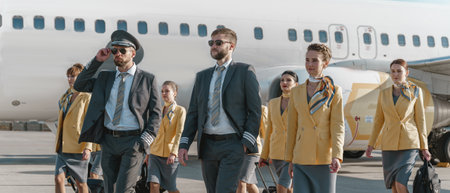 Pilots and flight attendants walking down airfield after landingの写真素材