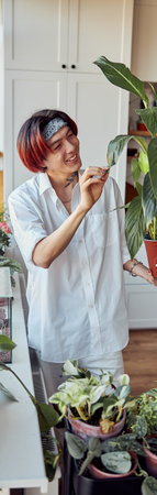 Happy Asian guy touching the leaves of a beautiful flowerpot in the kitchenの写真素材