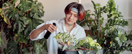 Asian guy spraying flowerpots on a stand in the roomの写真素材