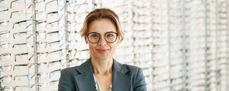 Portrait of middle-aged woman wearing glasses in optical storeの写真素材