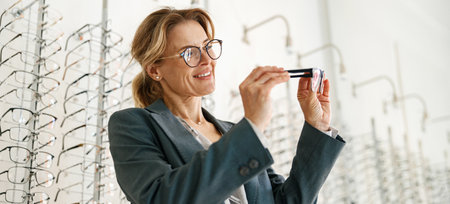 Woman chooses between two glasses in an opticians shop