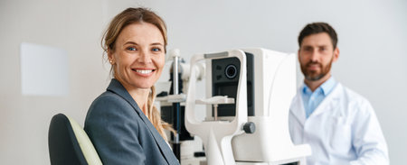 Woman happy with result after checking eyesight in ophthalmology clinic