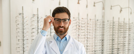 oculist in eyeglasses and white coat using digital tabletの写真素材