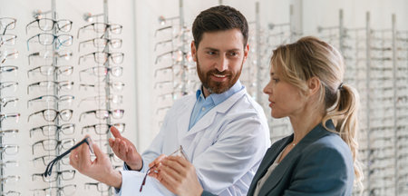 The ophthalmologist helps the client to choose a more suitable spectacle frame in optical storeの写真素材